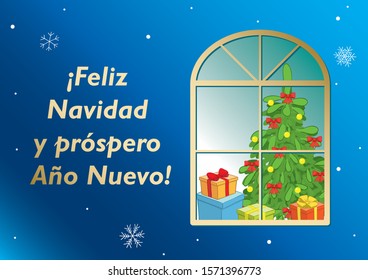 blue vector postcard with new year tree and gifts in window - Merry Christmas and Happy New Year on spanish