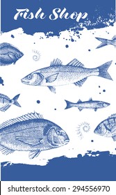 Blue vector poster illustration with different fishes