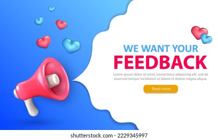 Blue vector promotion banner with pink megaphone, hearts and text - we want your feedback. Editable template of landing page with loudspeaker and customer opinion text and button for read more info