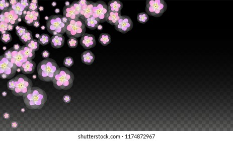 Blue Vector Realistic Blue Petals Falling on Transparent Background.  Spring Romantic Flowers Illustration. Flying Petals. Sakura Spa Design. Blossom Confetti. Design Elements for  Mother's Day.