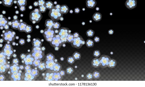 Blue Vector Realistic Blue Petals Falling on Transparent Background.  Spring Romantic Flowers Illustration. Flying Petals. Sakura Spa Design. Blossom Confetti. Design Elements for  8 March Card.