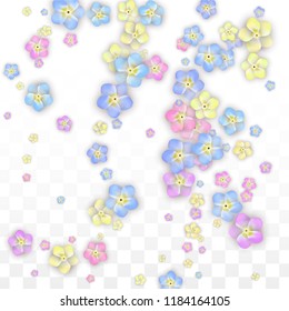 Blue Vector Realistic Blue Petals Falling on Transparent Background.  Spring Romantic Flowers Illustration. Flying Petals. Sakura Spa Design. Blossom Confetti. Design Elements for  8 March Card.
