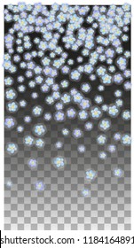 Blue Vector Realistic Blue Petals Falling on Transparent Background.  Spring Romantic Flowers Illustration. Flying Petals. Sakura Spa Design. Blossom Confetti. Design Elements for  Poster Design. 