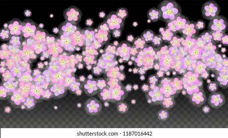 Blue Vector Realistic Blue Petals Falling on Transparent Background.  Spring Romantic Flowers Illustration. Flying Petals. Sakura Spa Design. Blossom Confetti. Design Elements for  Mother's Day.