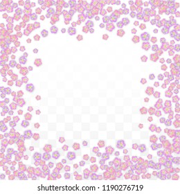 Blue Vector Realistic Blue Petals Falling on Transparent Background.  Spring Romantic Flowers Illustration. Flying Petals. Sakura Spa Design. Blossom Confetti. Design Elements for  Mother's Day.