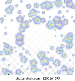 Blue Vector Realistic Blue Petals Falling on Transparent Background.  Spring Romantic Flowers Illustration. Flying Petals. Sakura Spa Design. Blossom Confetti. Design Elements for  Poster Design. 