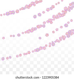 Blue Vector Realistic Blue Petals Falling on Transparent Background.  Spring Romantic Flowers Illustration. Flying Petals. Sakura Spa Design. Blossom Confetti. Design Elements for  Mother's Day.