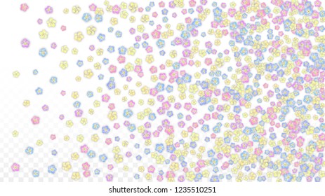 Blue Vector Realistic Blue Petals Falling on Transparent Background.  Spring Romantic Flowers Illustration. Flying Petals. Sakura Spa Design. Blossom Confetti. Design Elements for  Wedding Decoration.