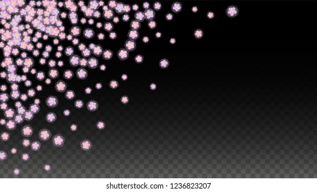 Blue Vector Realistic Blue Petals Falling on Transparent Background.  Spring Romantic Flowers Illustration. Flying Petals. Sakura Spa Design. Blossom Confetti. Design Elements for  Mother's Day.
