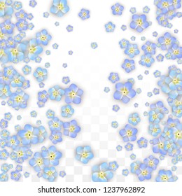 Blue Vector Realistic Blue Petals Falling on Transparent Background.  Spring Romantic Flowers Illustration. Flying Petals. Sakura Spa Design. Blossom Confetti. Design Elements for  Poster Design. 