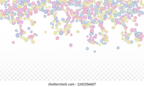 Blue Vector Realistic Blue Petals Falling on Transparent Background.  Spring Romantic Flowers Illustration. Flying Petals. Sakura Spa Design. Blossom Confetti. Design Elements for  Poster Design. 