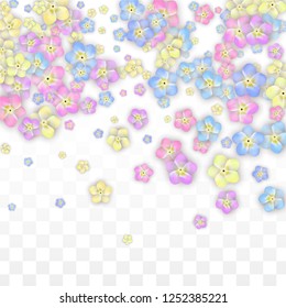 Blue Vector Realistic Blue Petals Falling on Transparent Background.  Spring Romantic Flowers Illustration. Flying Petals. Sakura Spa Design. Blossom Confetti. Design Elements for  St. Valentine Day.