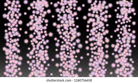 Blue Vector Realistic Blue Petals Falling on Transparent Background.  Spring Romantic Flowers Illustration. Flying Petals. Sakura Spa Design. Blossom Confetti. Design Elements for  Wedding Decoration.