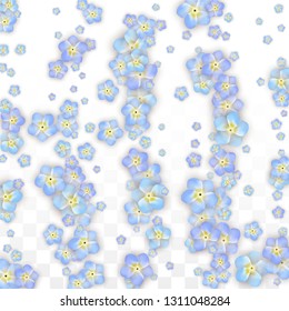 Blue Vector Realistic Blue Petals Falling on Transparent Background.  Spring Romantic Flowers Illustration. Flying Petals. Sakura Spa Design. Blossom Confetti. Design Elements for  Poster Design. 