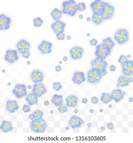 Blue Vector Realistic Blue Petals Falling on Transparent Background.  Spring Romantic Flowers Illustration. Flying Petals. Sakura Spa Design. Blossom Confetti. Design Elements for  St. Valentine Day.