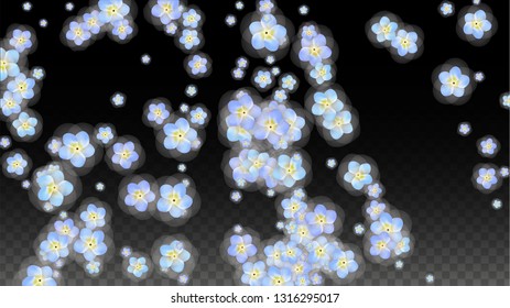 Blue Vector Realistic Blue Petals Falling on Transparent Background.  Spring Romantic Flowers Illustration. Flying Petals. Sakura Spa Design. Blossom Confetti. Design Elements for  8 March Card.