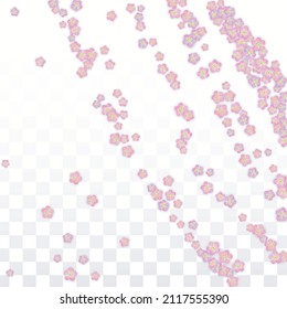 Blue Vector Realistic Blue Petals Falling on Transparent Background.  Spring Romantic Flowers Illustration. Flying Petals. Sakura Spa Design. Blossom Confetti. Design Elements for  Wedding Decoration.