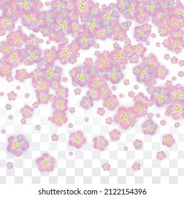 Blue Vector Realistic Blue Petals Falling on Transparent Background.  Spring Romantic Flowers Illustration. Flying Petals. Sakura Spa Design. Blossom Confetti. Design Elements for  St. Valentine Day.