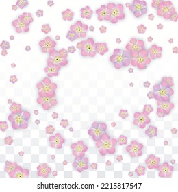 Blue Vector Realistic Blue Petals Falling on Transparent Background.  Spring Romantic Flowers Illustration. Flying Petals. Sakura Spa Design. Blossom Confetti. Design Elements for  Poster Design. 