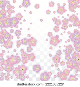 Blue Vector Realistic Blue Petals Falling on Transparent Background.  Spring Romantic Flowers Illustration. Flying Petals. Sakura Spa Design. Blossom Confetti. Design Elements for  8 March Card.