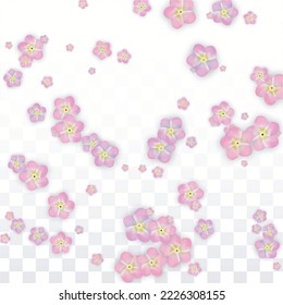 Blue Vector Realistic Blue Petals Falling on Transparent Background.  Spring Romantic Flowers Illustration. Flying Petals. Sakura Spa Design. Blossom Confetti. Design Elements for  Mother's Day.
