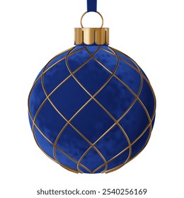 Ornamento realista de la bola de la Navidad del terciopelo del Vector azul. Adorno festivo con decoración diagonal entrecruzada de oro, aislado sobre un fondo blanco.