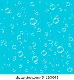 Blue vector realistic water bubbles seamless pattern.