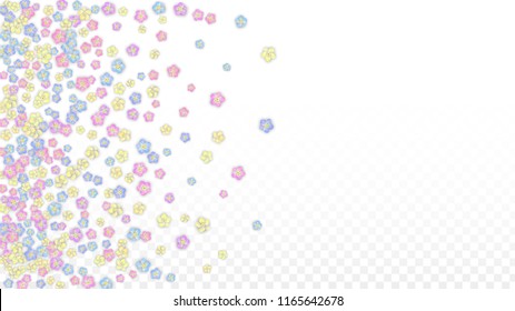 Blue Vector Realistic Blue, yellow. pink Petals Falling on Transparent Background.  Spring Romantic Flowers Illustration. Flying Petals. Sakura Spa Design. Blossom Confetti. Design Elements for  Poster Design. 