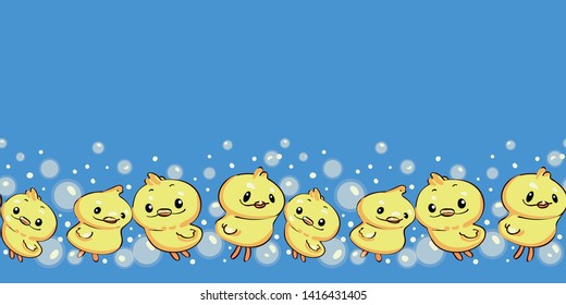 Blue vector repeat border with yellow kawaii inspired cartoon duck and soap bubble. Japanese comic style.Surface pattern design. Perfect for paper and textile projects. Bath products.