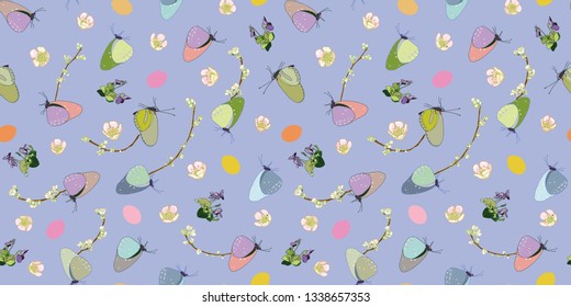 Blue vector repeat pattern with butterfly, violet, cherry branch and pastel easter egg. Surface pattern design. Package design.