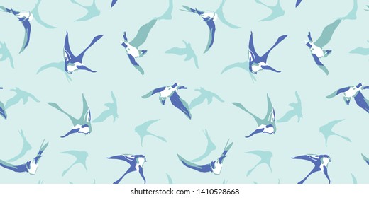 Blue vector repeat pattern with graphic blue and white swift. Bird pattern. surface pattern design. Perfect for textile, gift wrapping and print projects.