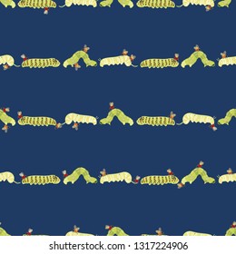 Blue vector repeat pattern with green caterpillar and flying ladybug.