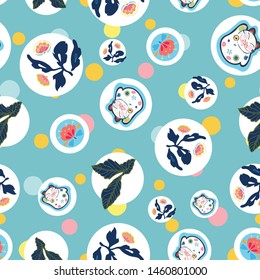 Blue vector repeat pattern with happy maneki neko cat, pastel dot and pink folk art florals. Comic style. Perfect for paper and textile projects or events.