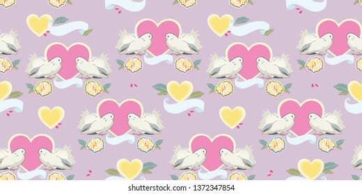 Blue vector repeat pattern with pink heart, yellow dahlia and banner. Retro look. Mothers day. Valentine.