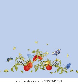 Blue vector repeat pattern with red tomatoes, blossoms, branches and butterflies. Novelty pattern. Kitchen.