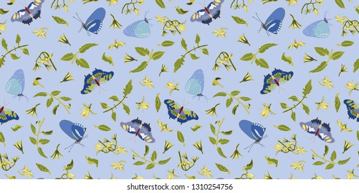 Blue vector repeat pattern with tomato blossom, branches and butterflies. Novelty pattern. Kitchen.