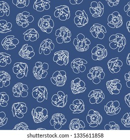 Blue vector repeat pattern with whitecherry blossom. Sping. Surface pattern.