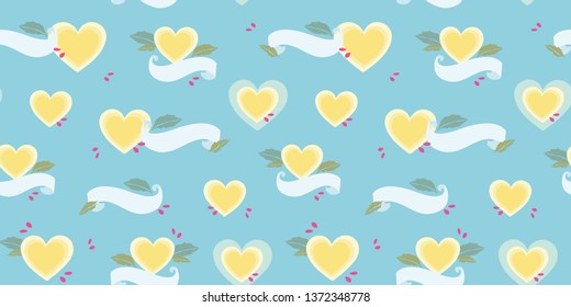 Blue vector repeat pattern with yellow heart,and white banner. Retro look. Mothers day.