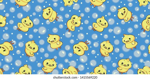 Blue vector repeat pattern with yellow kawaii inspired cartoon duck. Japanese comic style.Surface pattern design. Perfect for paper and textile projects. Baby wear.