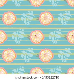 Blue vector repeat pattern with yellow dahlia flower and stripe. Summer floral pattern. Perfect for paper and textile projects.