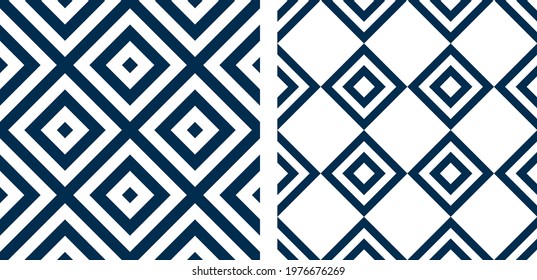 Blue vector rhombus, square on white background. Abstract graphic modern seamless pattern. Traditional geometric tiles with rhombus. Ethnic tribal zig zag and rhombus seamless pattern.