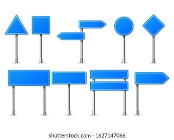 Blue vector road traffic signs. Road board text panel, mock up signage direction highway city signpost location street arrow way vector set Blank traffic label. Warning caution, attention, stop banner