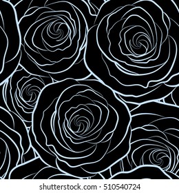 Blue vector roses petals on a black background.