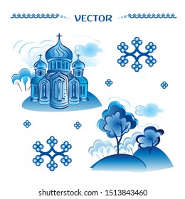 Blue vector in Russian traditional style. Ornament. Village. Icon