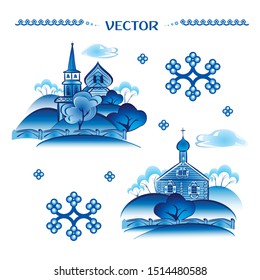 Blue vector in Russian traditional style. Ornament. Village. Icon