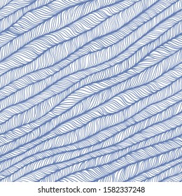 Blue vector seamless abstract hand-drawn pattern. Wave Hand drawn seamless  background.