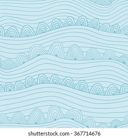 Blue vector seamless abstract hand-drawn pattern. Wave patterns (seamlessly tiling). Hand drawn seamless wave background.