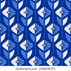 BLUE VECTOR SEAMLESS BACKGROUND WITH GEOMETRIC WHITE AND LIGHT BLUE COLORS IN ART DECO STYLE