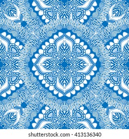 Blue Vector seamless ornamental lace pattern. Mandala pattern.