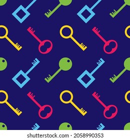 Blue vector seamless pattern background with cute and colorful keys.